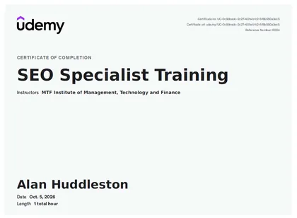 SEO Specialist Training certificate from Udemy