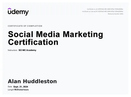 Social Media Marketing Certification certificate from Udemy