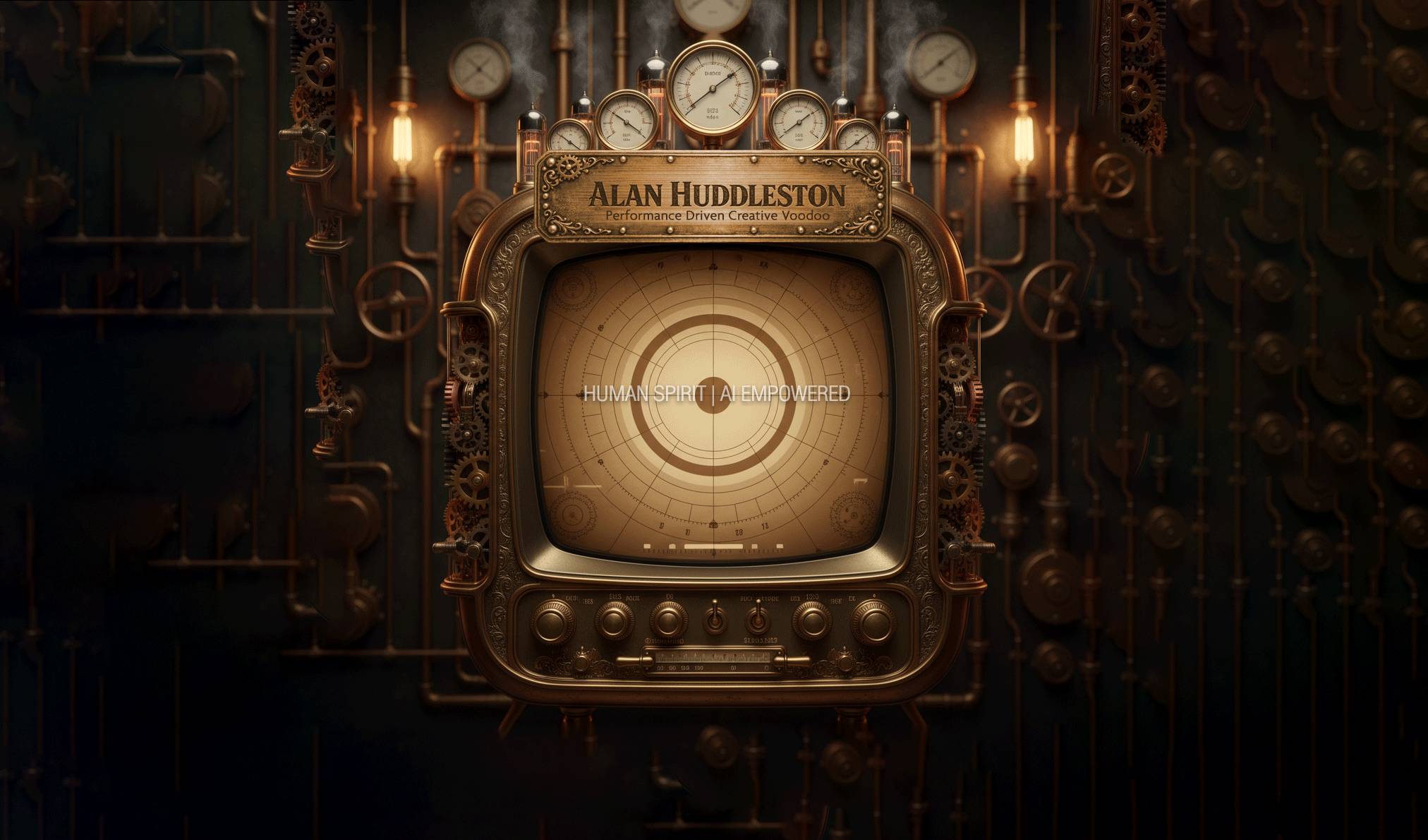 Animated steampunk-style collage of Alan Huddleston’s design work