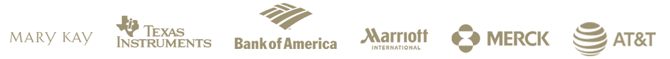 Client logos: AT&T, Mary Kay, Texas Instruments, Marriott International, Merck, Bank of America