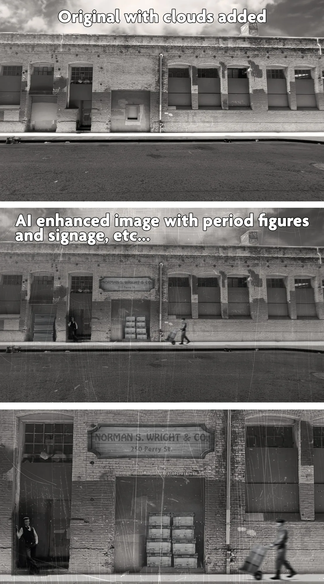 Historic 1906 building image with AI-added period figures