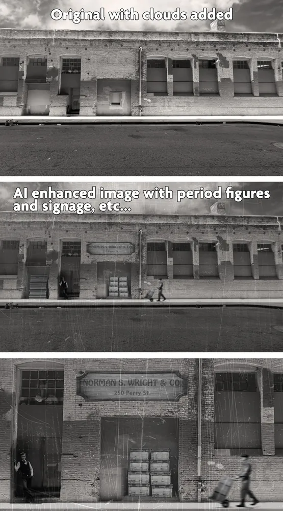 Historic 1906 building image with AI-added period figures