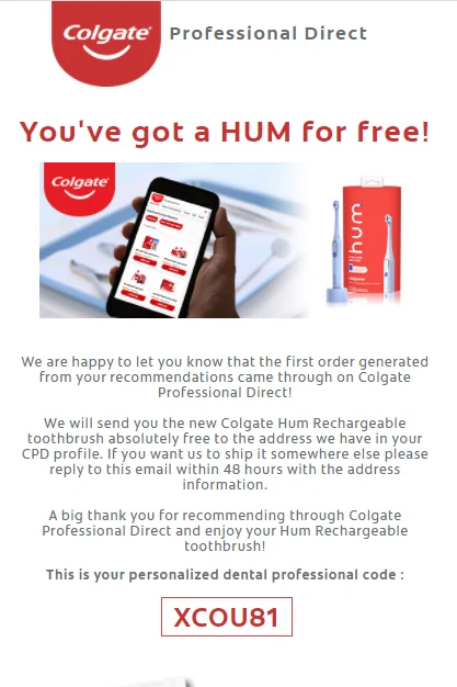 Colgate Professional Direct email offering a free Hum rechargeable toothbrush