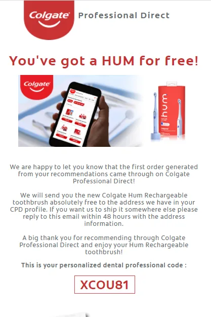 Colgate Professional Direct email offering a free Hum rechargeable toothbrush