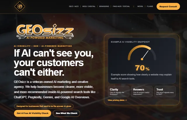 Home page of the GEOsizz AI Marketing website