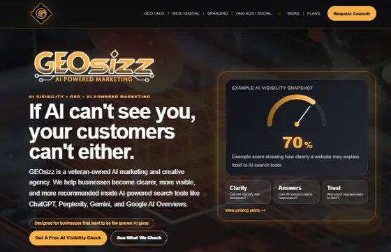 Home page of the GEOsizz AI Marketing website