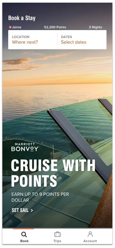 Marriott Bonvoy app Book a Stay screen with a Cruise with Points promotion