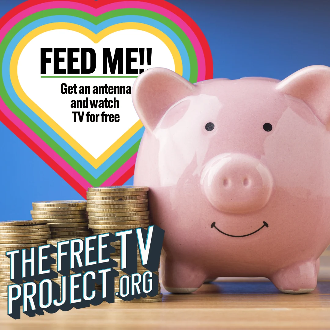 Feed Me banner with a piggy bank for The Free TV Project