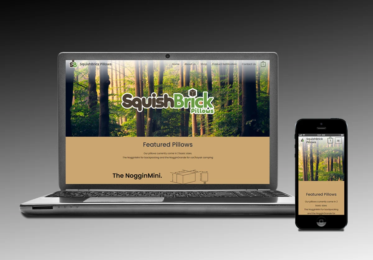 SquishBrick Pillows website shown on a laptop and a phone