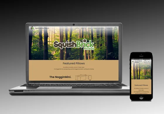 SquishBrick Pillows website shown on a laptop and a phone